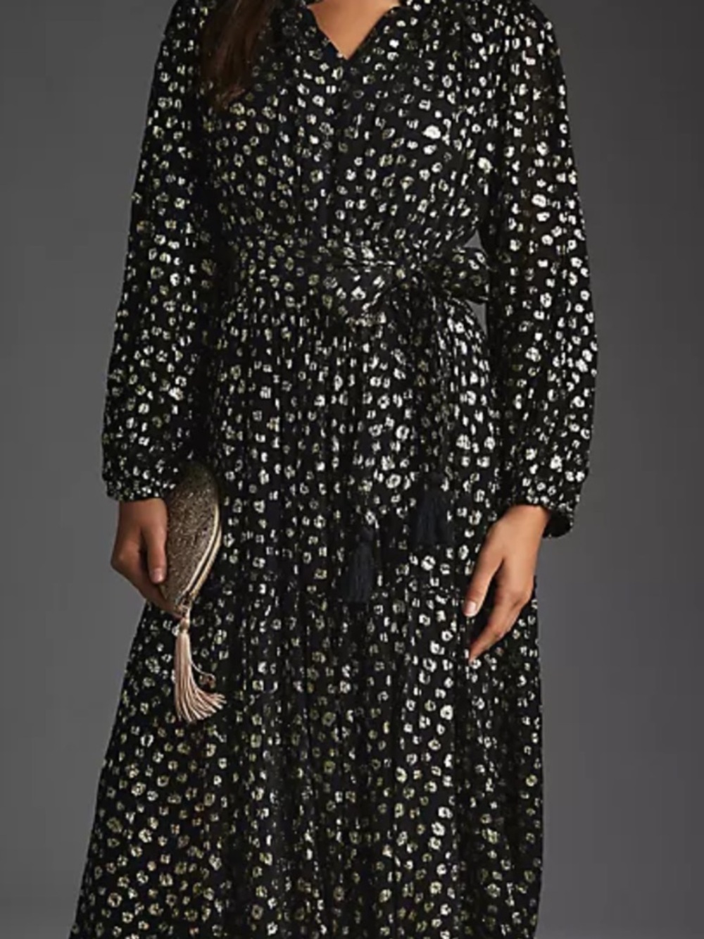 Long Sleeve Black Maxi Dress with Silver Spot Print Marlo midi dress